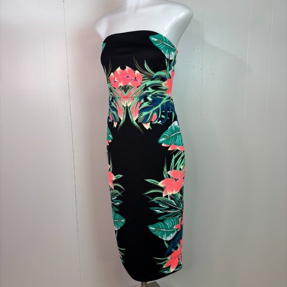 Express Bodycon Dress 4 Strapless Black Tropical Floral Stretch Knee-Length - Picture 3 of 11
